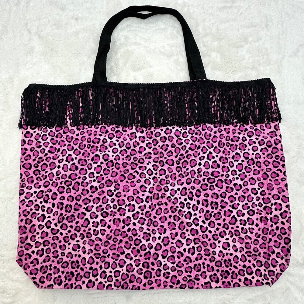 Handmade Pink Leopard Spot With Black Fringe Shopping Bag